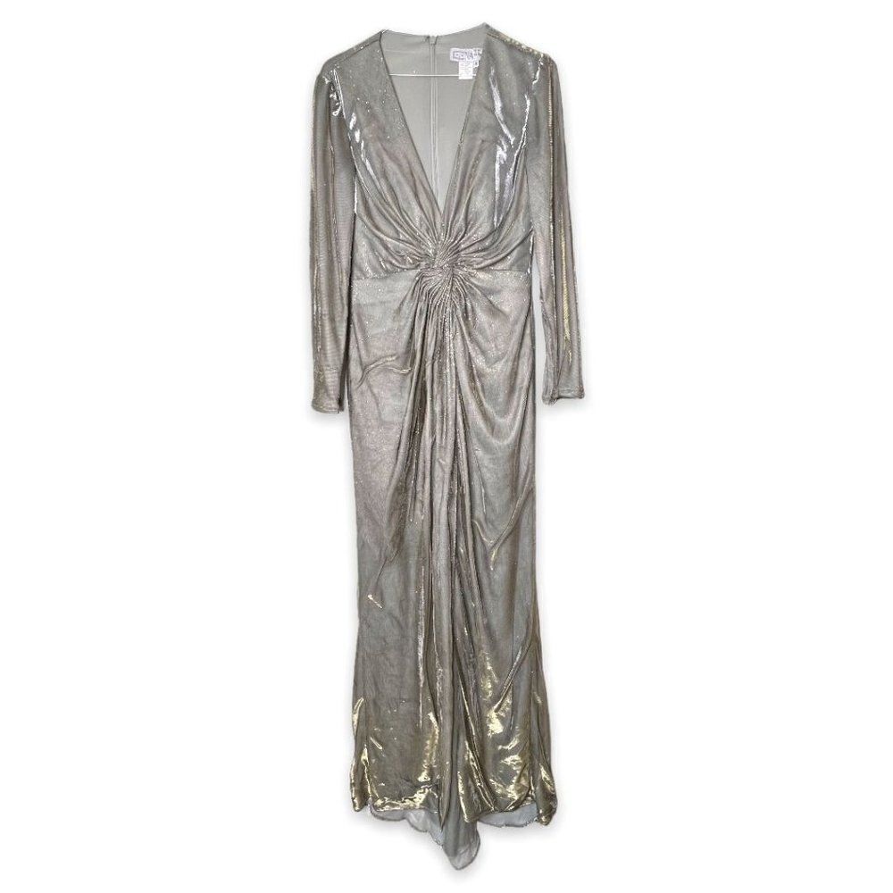 Ieena for Mac Duggal Silver Sequin Side Slit Ruched V-neck Gown Size 4 - Picture 3 of 7